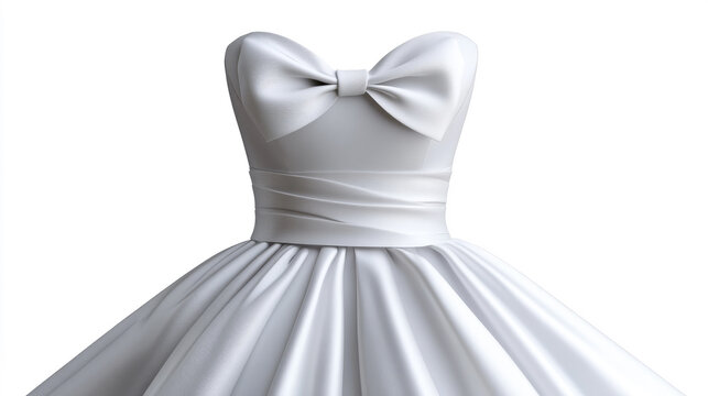 White elegant formal strapless wedding dress with a large decorative bow and cinched waist on a white background, symbolizing purity, love, and celebration