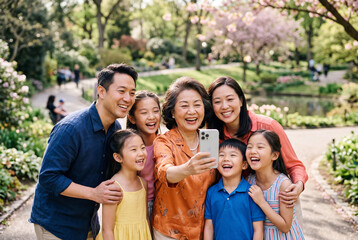 Obraz premium Asian multi generational family taking selfie in park with cherry blossoms