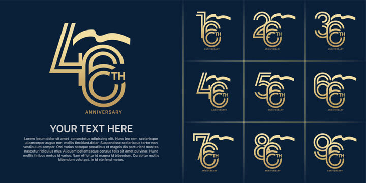 Anniversary logo type set with double line number. golden color with long ribbon for celebration event