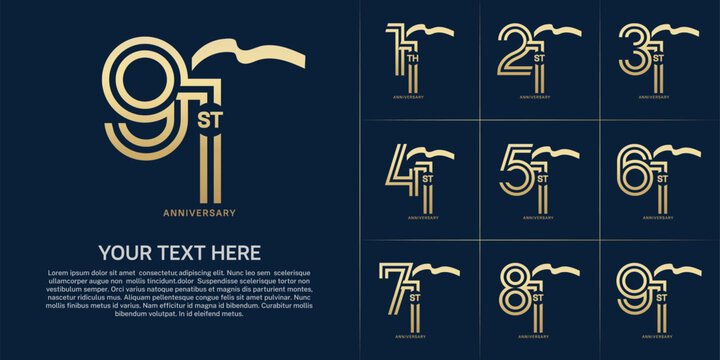 Anniversary logo type set with double line number. golden color with long ribbon for celebration event