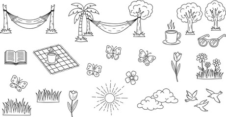 Fototapeta premium Doodle illustration of summer vacation elements like hammocks, butterflies, and a picnic