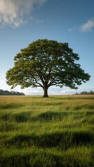 Fototapeta premium Majestic Oak Tree in Sunny Green Field under Blue Sky