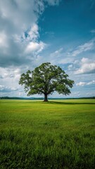 Fototapeta premium Majestic Solitary Oak Tree in a Vibrant Green Field Under Blue Sky