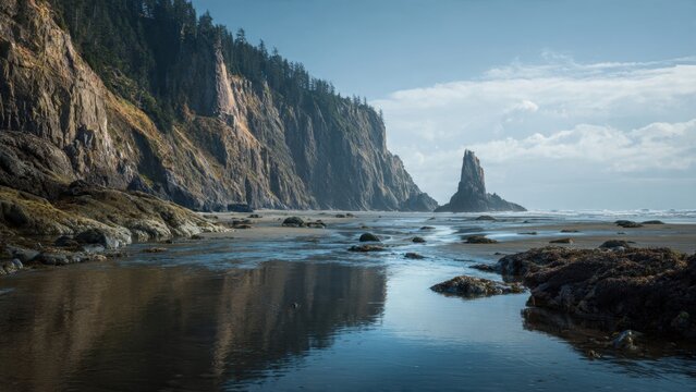 Majestic Sea Cliffs, Sea Stack, and Reflecting Water on Pacific Coast