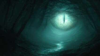 Fototapeta premium Mysterious Glowing Dragon Eye in Dark Fantasy Forest