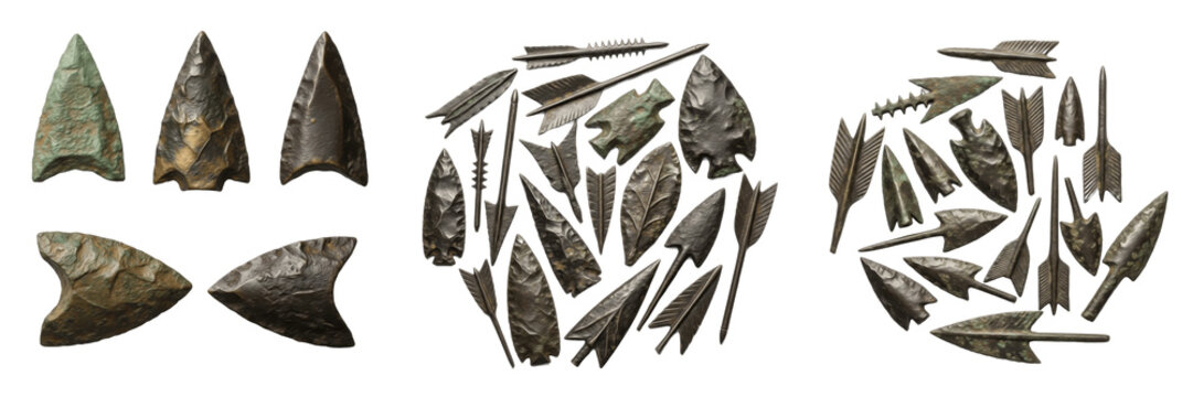 Set and collection of ancient prehistoric stone arrowhead points and flint spearheads isolated on white transparent png background