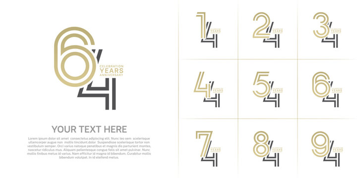 Anniversary set design with double line number. gold and black color for celebration event
