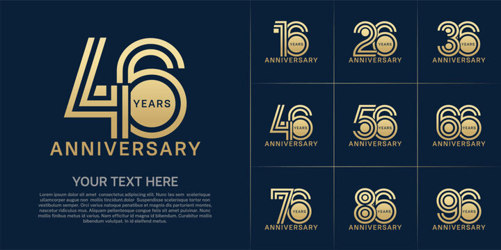 Anniversary set design with double line number. golden color for celebration event