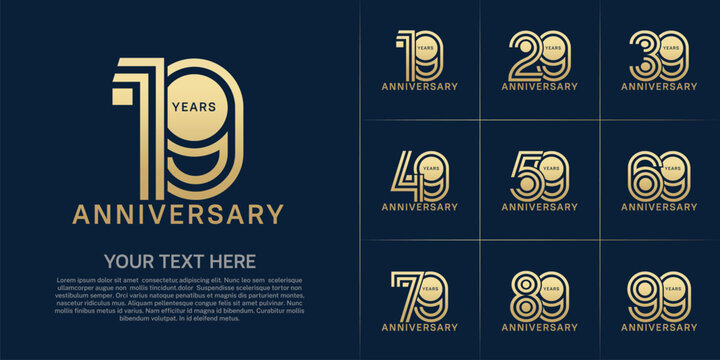 Anniversary set design with double line number. golden color for celebration event
