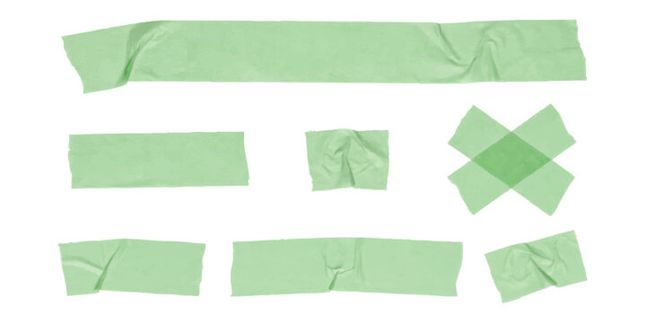 Set of light green adhesive masking tape pieces with wrinkles and folds isolated on white background vector illustration