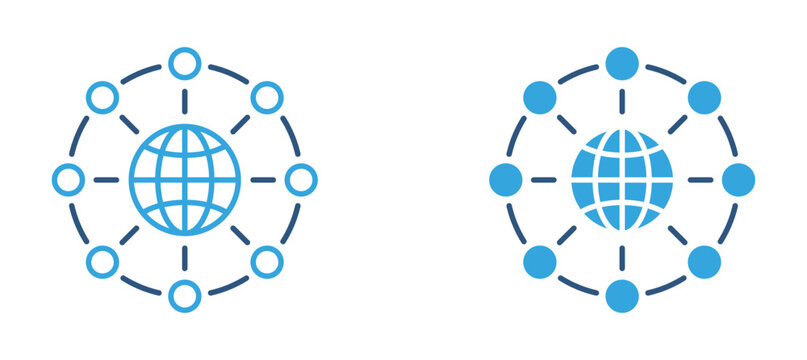 Global network icon set. Connected globe nodes icon, worldwide communication and digital network concept. Vector illustration.