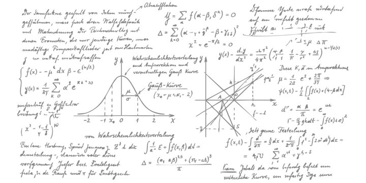 Handwritten mathematical formulas and scientific equations on white background with Gaussian curve graphs and vintage script vector illustration