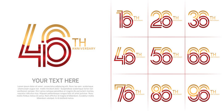 Anniversary set design with double line number. gold and red color for celebration event