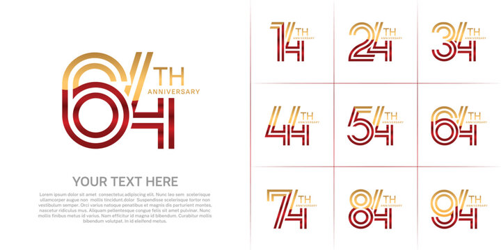 Anniversary set design with double line number. gold and red color for celebration event