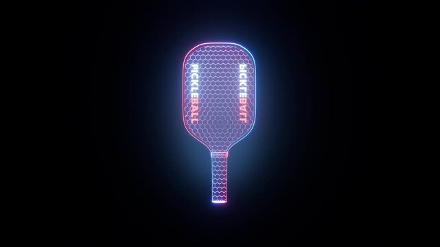 A pickleball paddle spins in a seamless loop of 360 degrees. The pickleball racket has a holographic design. You can see through it and even the honeycomb structure inside the paddle.