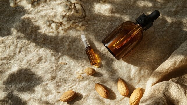 Minimalist flat lay of batana oil bottle and raw nuts on linen. Natural hair care ingredient used in organic beauty and botanical skincare products.