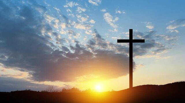 Christian cross on hill outdoors at sunrise. Resurrection of Jesus. Spiritual hope and resurrection concept, Good Friday, Easter.