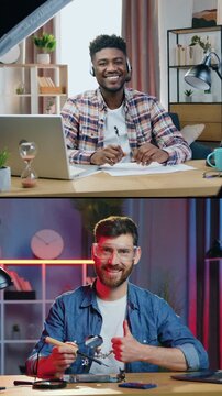 Split screen collage portrait of good-looking satisfied successful multiethnic male persons of various professions as office manager,blogger,doctor and craftsman looking into camera with happy faces