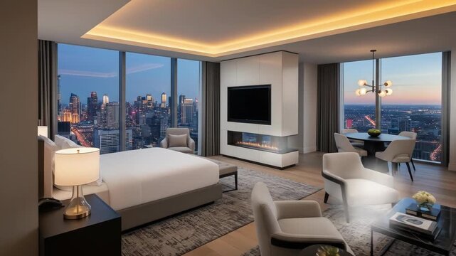 A luxurious hotel room with a large bed, sitting area, and city skyline view at dusk