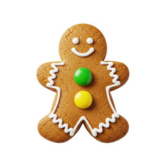 Fototapeta premium A single, perfectly baked, golden-brown gingerbread man cookie, decorated with crisp white royal icing and glossy green/yellow candy buttons, isolated on a transparent background. Concept of