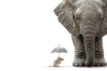 Fototapeta premium A mouse with an umbrella next to an elephant under the snow. Space for text.