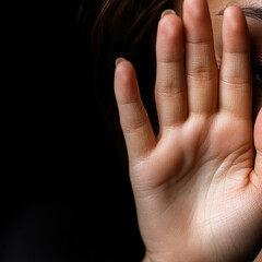 Obraz premium Human hand raising palm in gesture of stopping, prohibiting, refusing, or warning, promoting concept of preventing abuse and violence with awareness and safety