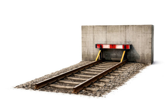 The railway rails rest on a concrete dead-end stop. Space for text.