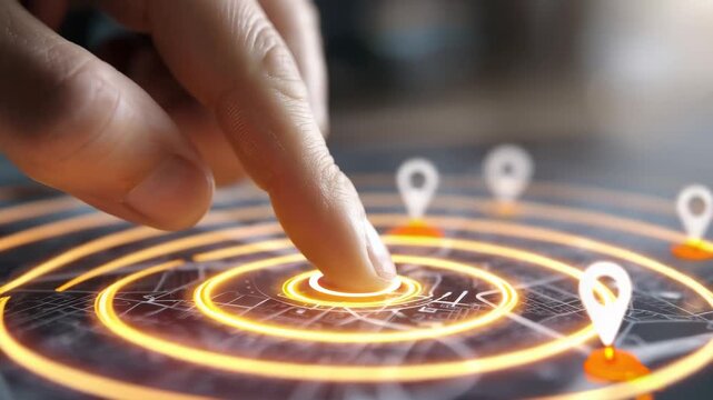 Hand highlights locations on digital map with orange accents in urban setting during daytime