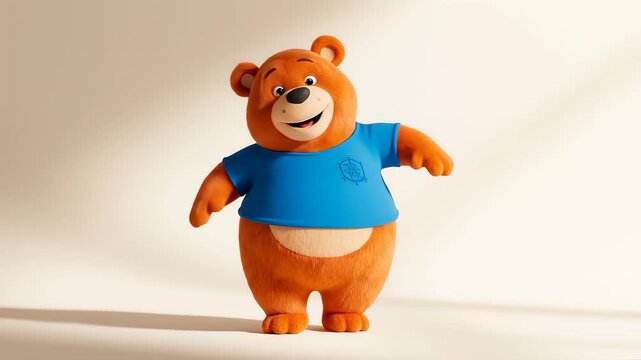 Cartoon bear character smiling and posing in blue shirt  