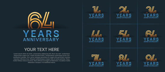 Anniversary logo set with double line number style. gold and blue color can be use for special moment