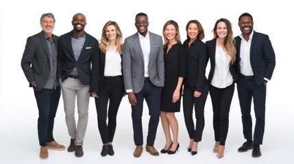 Obraz premium diverse business team smiling centered composition full body isolated on pure white background studio lighting no shadow under subject high detail sharp focus commercial product photography no enviro