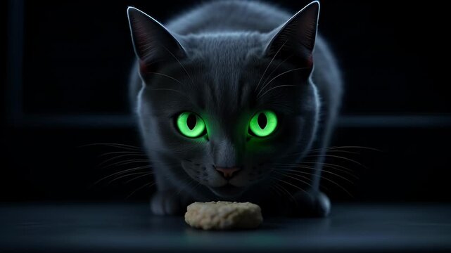 Cat with glowing green eyes sits in dark room, focused on treat on floor, preparing to pounce while maintaining a low posture and intense gaze