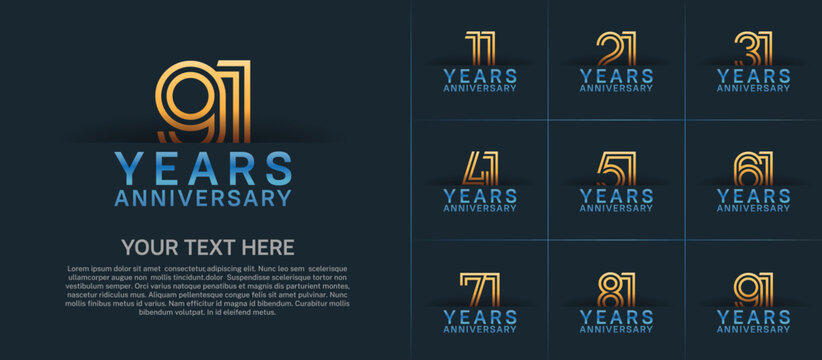 Anniversary logo set with double line number style. gold and blue color can be use for special moment