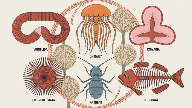 Evolutionary Chart of Life Forms: An intriguing illustration unveils the diverse realm of life forms, elegantly categorized to illuminate the intricate relationships between species.