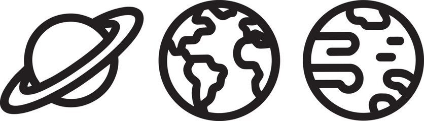 Line art illustration of three celestial bodies: a ringed planet, Earth, and a stylized planet with © Pappu0099