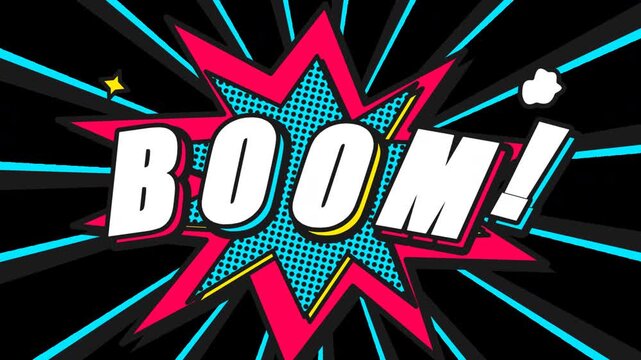 Dynamic comic explosion pop art graphic motion background showcasing vibrant animated boom text effect with radial lines and dotted patterns
