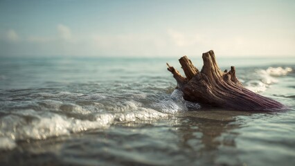 Weathered Driftwood in Gentle Ocean Waves on a Tranquil Beach