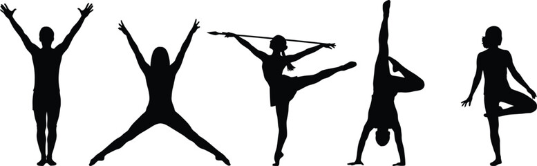 Yoga poses silhouettes in various dynamic and static positions