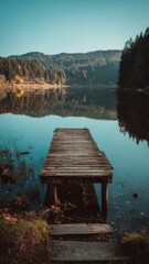 Fototapeta premium Wooden Dock Stretching into Serene Forest Lake