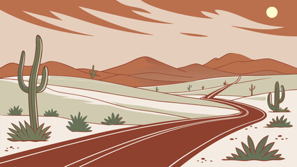 Stylized desert landscape vector with winding highway, cactus plants, and distant mountains. Ideal for travel themes, road trip concepts, desert scenery, adventure posters, and outdoor landscape © yossi