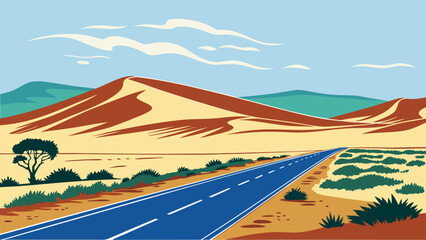 Bright vector illustration of a road crossing a desert valley with mountains and blue sky. Perfect for travel design, road trip adventure themes, scenic landscape backgrounds, and tourism graphics. © yossi