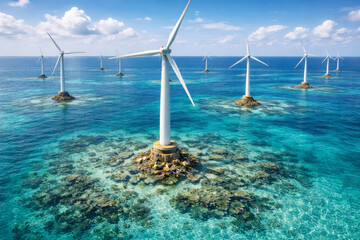 Naklejka premium Wind turbines powering renewable energy in vibrant ocean landscape