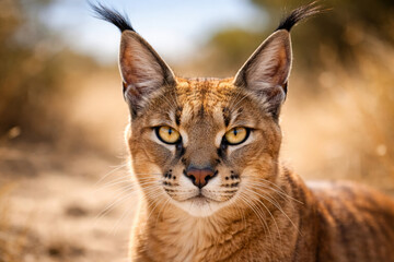 Naklejka premium Close-up of a majestic lynx with striking yellow eyes