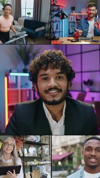 Multi screen of good-looking positive skilled multiethnic people of different professions and jobs indoors and outdoors,at daytime and in the evening,at home and in office which looking into camera