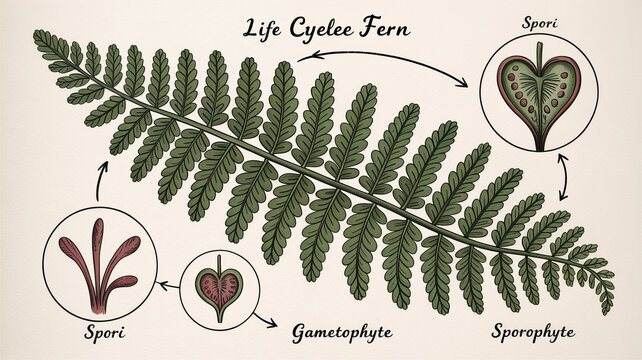Life Cycle of a Fern: An intricate illustration meticulously portrays the fascinating life cycle of a fern, revealing the stages of development and the remarkable process of botanical reproduction. 