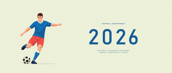 Naklejka premium Horizontal banner design for football championship featuring a soccer player in a modern flat style with grainy texture, ideal for commercial marketing and sports advertising, vector illustration.