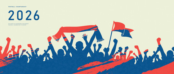 Fototapeta premium Football championship celebration banner featuring silhouettes of cheering fans with flags and scarves, minimalist sport atmosphere, vector illustration.
