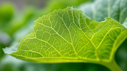 Macro of a single leaf with detailed vein structure, natural green texture, botanical background concept, with copy space