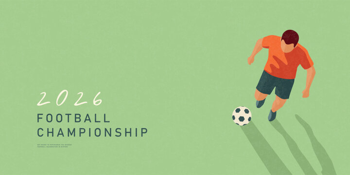 Horizontal banner design for football championship featuring a soccer player in a modern flat style with grainy texture, ideal for commercial marketing and sports advertising, vector illustration.