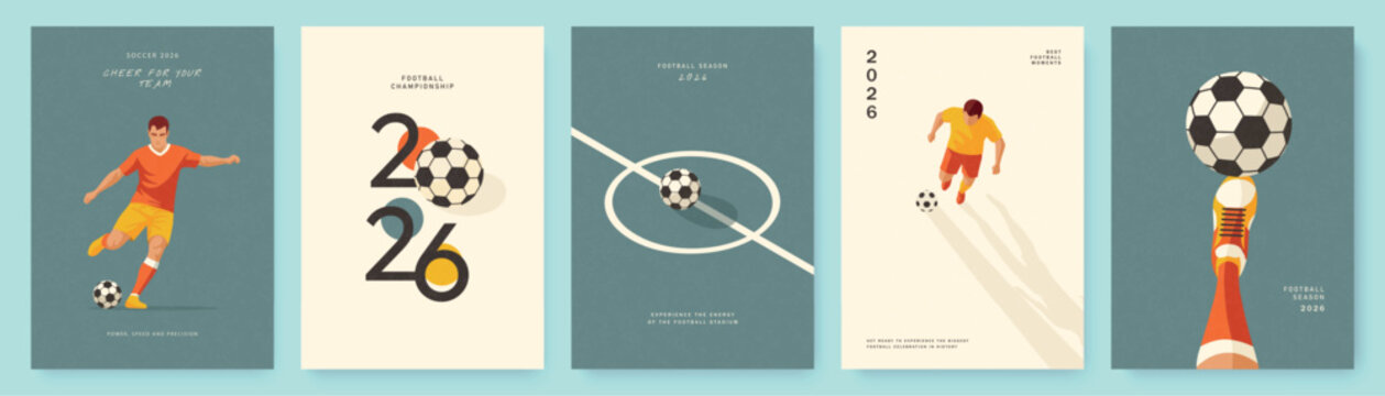 Football posters set with soccer players and ball in retro flat style, sport championship banners collection, 2026 season concept vector illustration